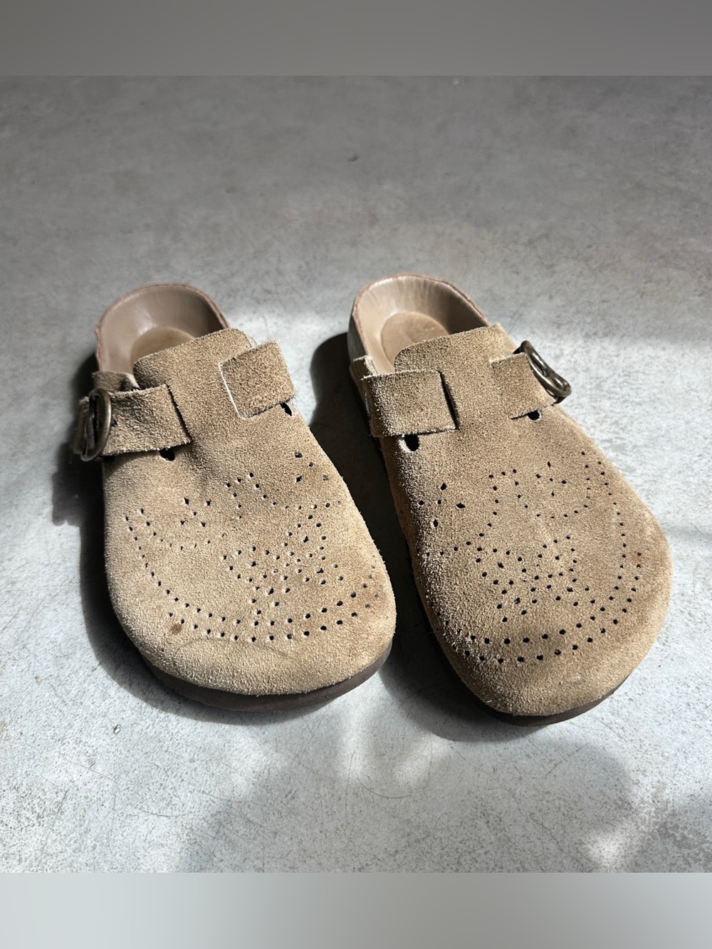 Needles Suede Perforated Buckle Clogs in Tan